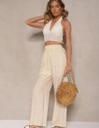 jusdepom Pantaloni Bej deschis din Viscoză Palazzo High Waist cu In Linaselia