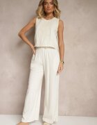 jusdepom Pantaloni Palazzo bej deschis cu croială largă cu talie înaltă cu legătură decorativă Sonariella