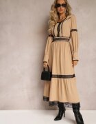 jusdepom Rochie Maxi Bej cu croi evazat cu dantelă decorativă și manșete Kante