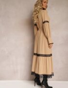 jusdepom Rochie Maxi Bej cu croi evazat cu dantelă decorativă și manșete Kante