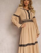 jusdepom Rochie Maxi Bej cu croi evazat cu dantelă decorativă și manșete Kante