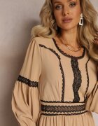 jusdepom Rochie Maxi Bej cu croi evazat cu dantelă decorativă și manșete Kante