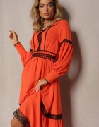 jusdepom Rochie Maxi Portocalie cu croială evazată cu dantelă decorativă și manșete Kante