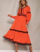 jusdepom Rochie Maxi Portocalie cu croială evazată cu dantelă decorativă și manșete Kante