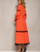jusdepom Rochie Maxi Portocalie cu croială evazată cu dantelă decorativă și manșete Kante