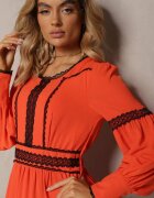 jusdepom Rochie Maxi Portocalie cu croială evazată cu dantelă decorativă și manșete Kante