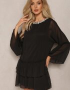 jusdepom Rochie Neagră Cloche Mini cu volan și Zirconii la gât Felicerna