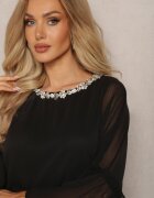jusdepom Rochie Neagră Cloche Mini cu volan și Zirconii la gât Felicerna