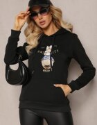 kamaella Bluză Neagră Căptușită cu Imprimeu Decorativ și Glugă Hitee