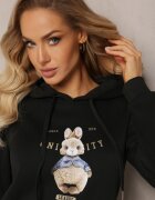 kamaella Bluză Neagră Căptușită cu Imprimeu Decorativ și Glugă Hitee