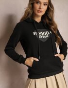 kamaella Bluză tip cangur Neagră căptușită cu fleece cu imprimeu decorativ Elili
