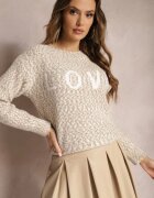 kamaella Pulover Bej cu Imprimeu Decorativ Finisat cu Borduri Elastice Minisoji