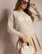 kamaella Pulover Bej cu Imprimeu Decorativ Finisat cu Borduri Elastice Minisoji