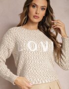 kamaella Pulover Bej cu Imprimeu Decorativ Finisat cu Borduri Elastice Minisoji