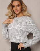 kamaella Pulover Gri cu Inscripție Decorativă Finisat cu Manșete Minisoji