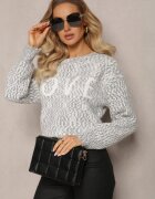 kamaella Pulover Gri cu Inscripție Decorativă Finisat cu Manșete Minisoji