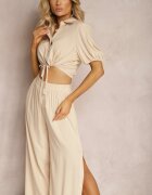  Komplet bej deschis din bumbac stil utility Cămașă și Pantaloni largi Veola