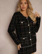  Komplet Elegant Tricotat Negru-Auriu cu Cardigan și Fustă în Carouri Railey