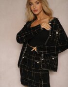  Komplet Elegant Tricotat Negru-Auriu cu Cardigan și Fustă în Carouri Railey