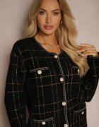  Komplet Elegant Tricotat Negru-Auriu cu Cardigan și Fustă în Carouri Railey