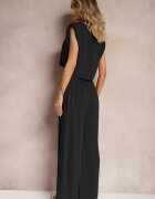  Komplet Negru din Viscoză Pantaloni Drepți și Largi și Bluză cu Nasture Vimarells