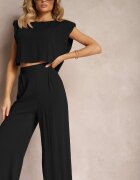  Komplet Negru din Viscoză Pantaloni Drepți și Largi și Bluză cu Nasture Vimarells