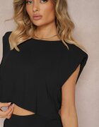  Komplet Negru din Viscoză Pantaloni Drepți și Largi și Bluză cu Nasture Vimarells