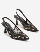 la flor Sandale Negre cu toc clepsidră cu vârf ascuțit și broderie florală Noltewi