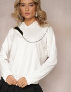 las garras Bluză Asimetrică Albă din Bumbac cu Glugă și Fermoar Decorativ Lueur