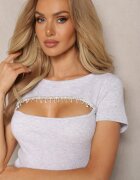 las garras Bluză Gri deschis din bumbac reiată decorată cu zirconii la decupajul de la decolteu Evandria