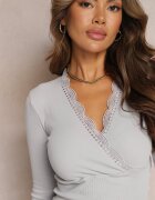 las garras Bluză Gri Petrecută cu Dantelă Decorativă la Decolteu din Bumbac Jadarose