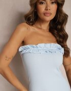 las garras Rochie Bandeau Albastră Reiată fără bretele cu decolteu decorat cu volan Vikotta