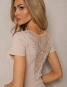 las garras Rochie mini din bumbac bej cu spatele decupat cu broderie și fluturaș Natsiri