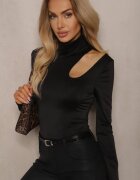 lefon Bluză Neagră Guler Semi-înalt Decorată Cu Decupaj La Umăr Lilwenna