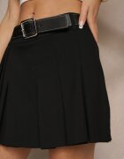 lefon Fustă-Pantaloni scurți Negre Plisate din Vâscoză Decorați cu o Curea din Piele Ecologică Alobira