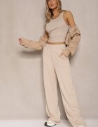 lefon Pantaloni bej cu croială largă talie înaltă cu elastic în talie Belobira