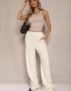 lefon Pantaloni Bej deschis cu croială largă High Waist cu elastic în talie Belobira
