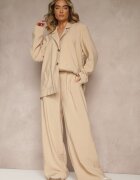 lefon Pantaloni Bej Low Waist din Modal cu Picior lat Reanelira