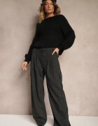 lefon Pantaloni de costum negri din viscoză cu croială largă decorate cu model în dungi