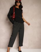 lefon Pantaloni gri închis eleganti cu picioare largi ușor dungați High Waist Belbanne