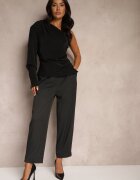 lefon Pantaloni gri închis eleganti cu picioare largi ușor dungați High Waist Belbanne