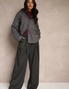 lefon Pantaloni Largi Gri închis din Viscoză cu Croi de Costum cu Pliuri și Buzunare Lobine