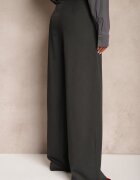 lefon Pantaloni Largi Gri închis din Viscoză cu Croi de Costum cu Pliuri și Buzunare Lobine