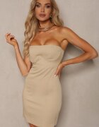 lefon Rochie de cocktail bejă de bumbac fără bretele cu croi mulat Lornesta