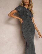 lefon Rochie Gri închis din Bumbac cu Mânecă Scurtă cu detalii uzate Tiamason