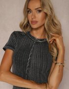 lefon Rochie Gri închis din Bumbac cu Mânecă Scurtă cu detalii uzate Tiamason
