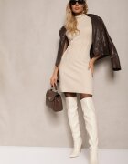 lefon Rochie tricotată reiată Bej cu croială cambrată cu semiguler Avarielle