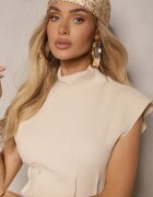 lefon Rochie tricotată reiată Bej cu croială cambrată cu semiguler Avarielle