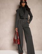 lefon Salopetă gri închis cambrată cu nasturi stil costum din viscoză Wide Leg Avarella