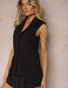 lefon Vestă Neagră cu croială alungită din bumbac cu buzunare decorative și nasture Tiamatrix